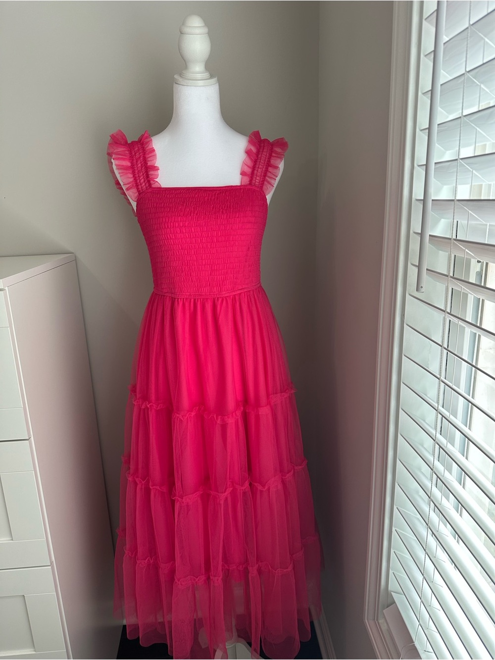 Ruffled Strap Smocked Tulle Midi Dress - Hot Pink